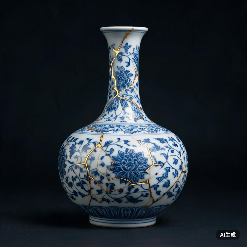 金缮青花器物静物图 · 产品详情页静物图 · 低成本替代实拍